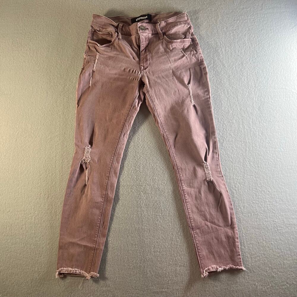 Express Mid Rise Ankle Legging Jeans Pink Mauve Distressed Stretch Size 0 Petite